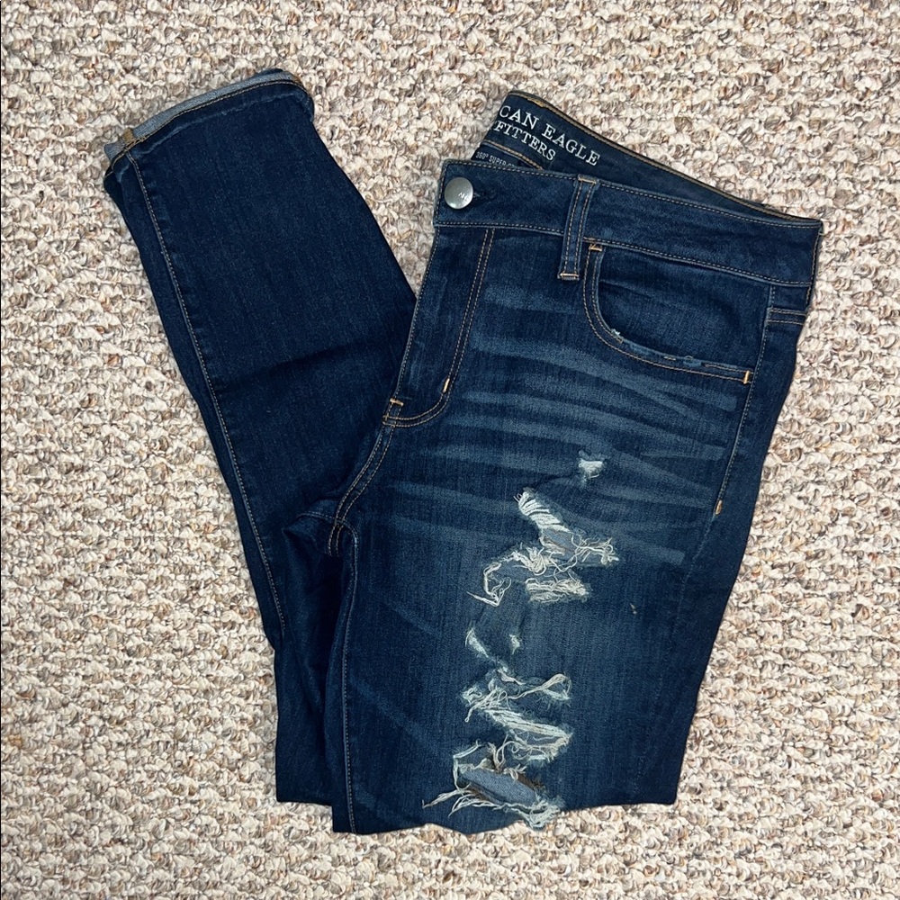 American Eagle Outfitters Women's Dark Blue Distressed Skinny Jeans